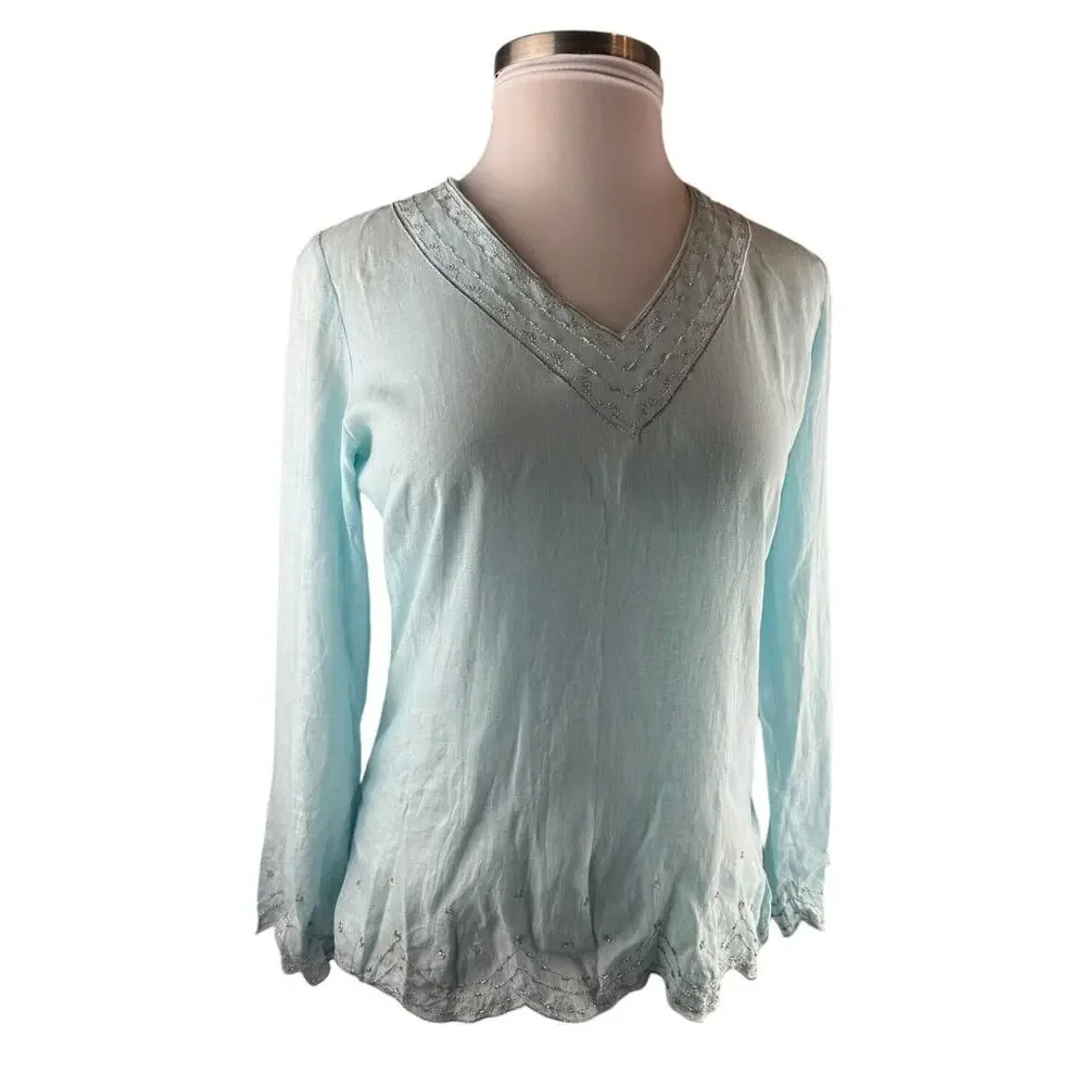 ✨2/$20 Flawed Lilly Pulitzer Linen Beaded Blouse Light Blue Top Small H11153 - Picture 2 of 16